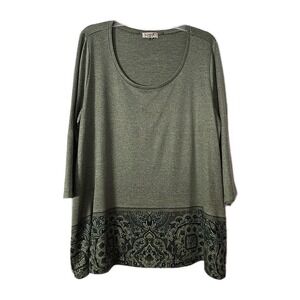 One World Slinky Knit Ruched Tunic Top Blouse Shirt Paisley Green 2X  3/4 Sleeve